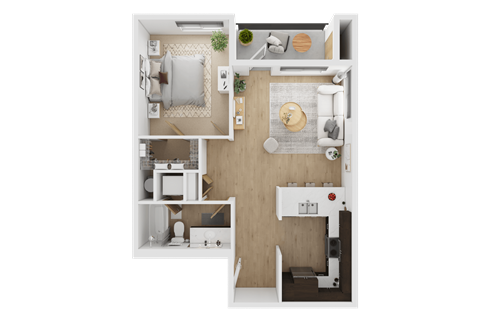 A top-down view of a small apartment with a kitchen, living room, and bathroom  at Spyglass Hill Apartments, Bremerton, 98337